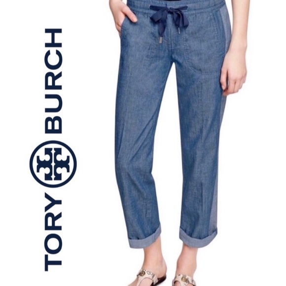 Tory Burch Pants - 🌱Tory Burch Blue Allegra Chambray Ribbon Pants